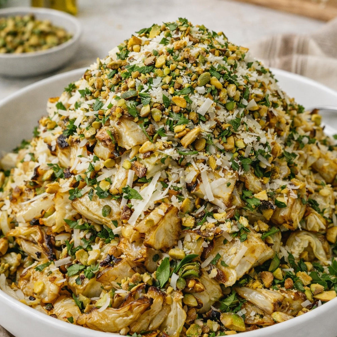 Ensalada de col rostizada con crujiente de pistache y parmesano