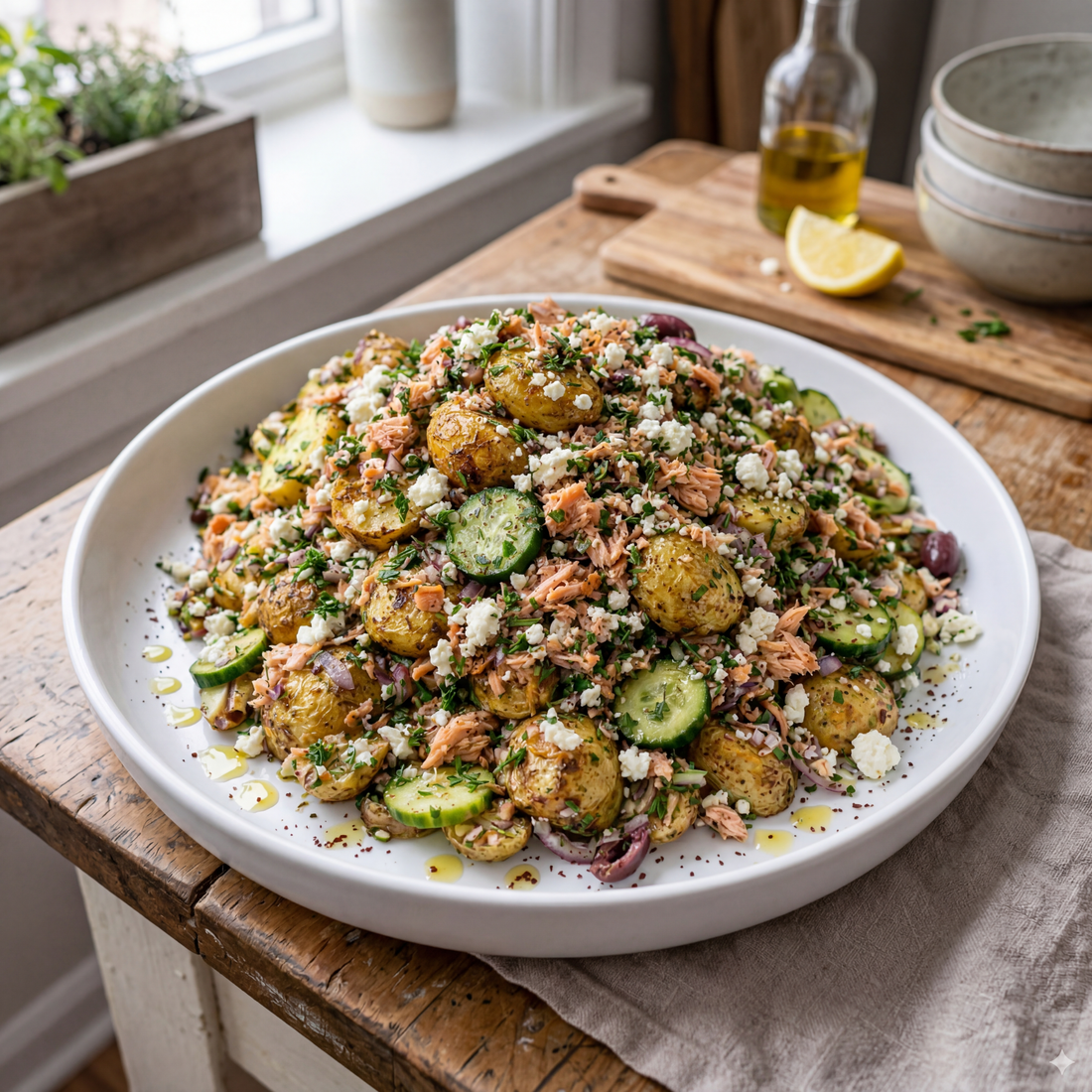 Ensalada tibia de papa y salmón con za’atar