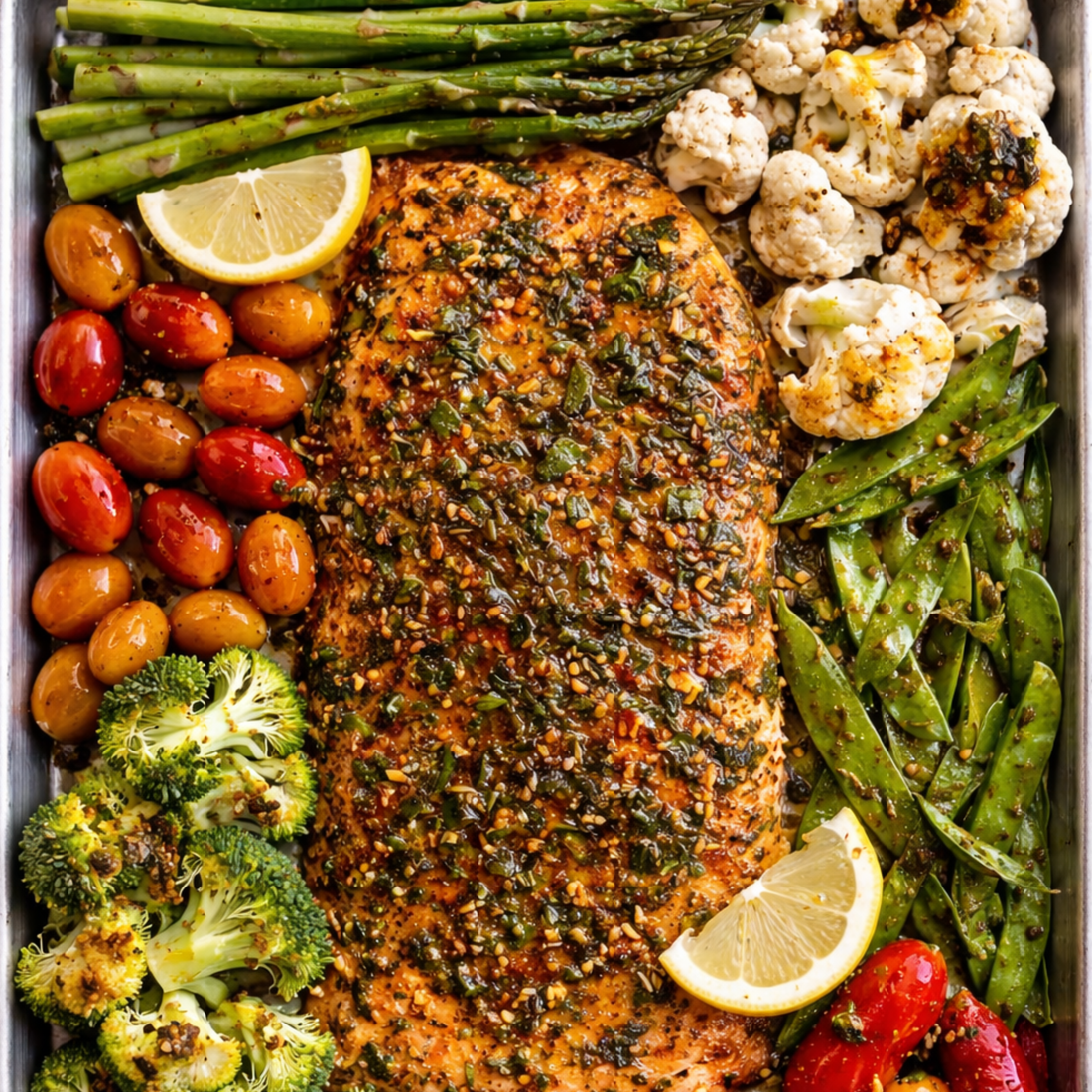 Salmón marinado al limón con verduras al horno