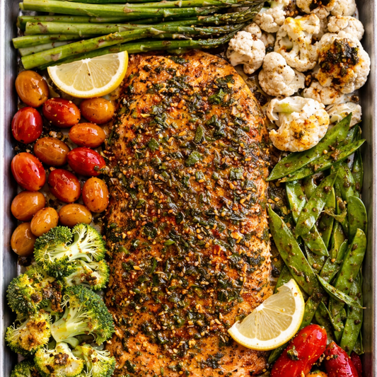 Salmón marinado al limón con verduras al horno